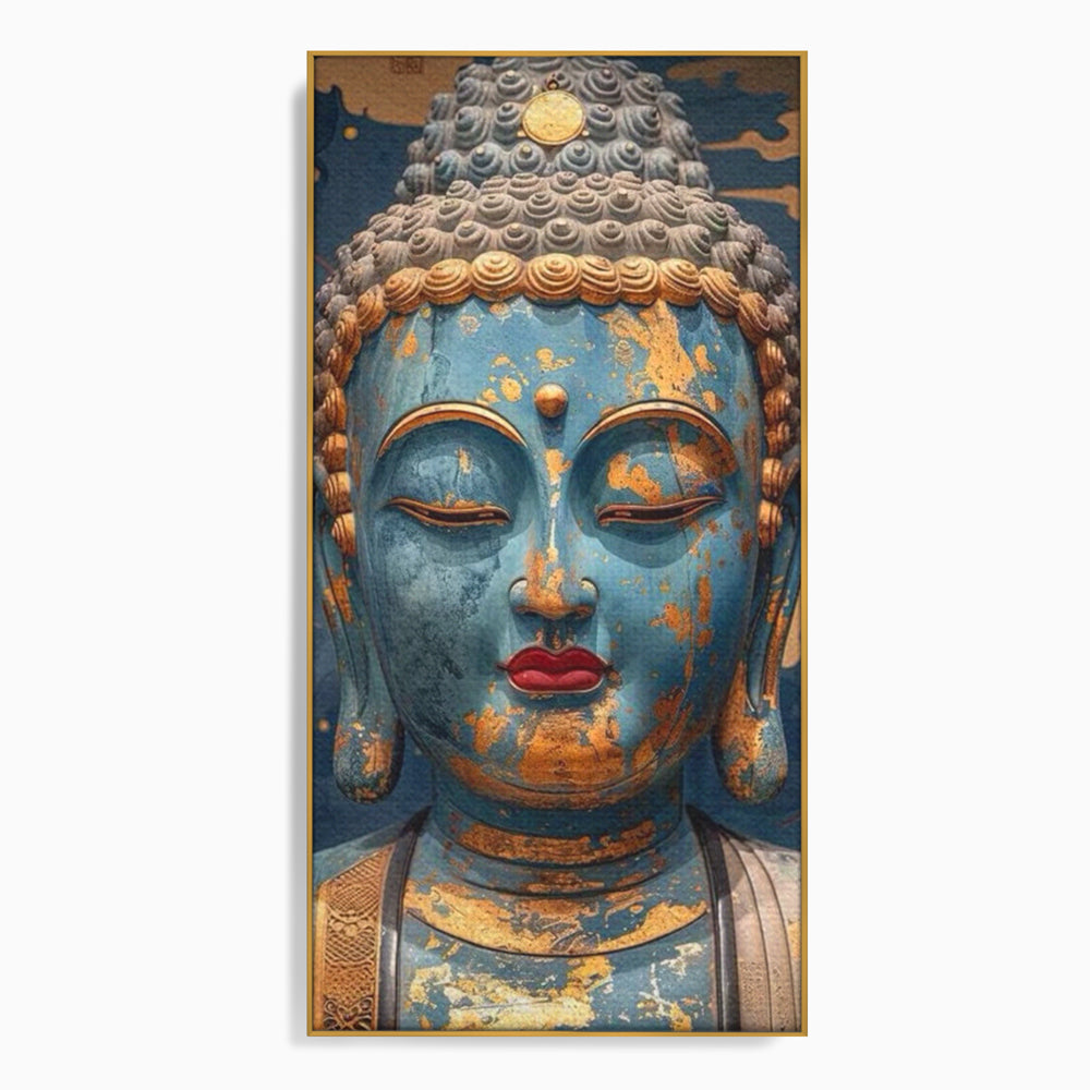 Tablou canvas cu tablou canvas cu chipul lui buddha, in rama de aluminiu auriu